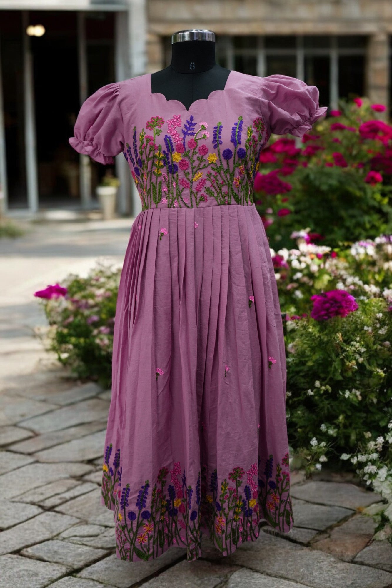 Premium kora chain stitch embroidery cotton frock