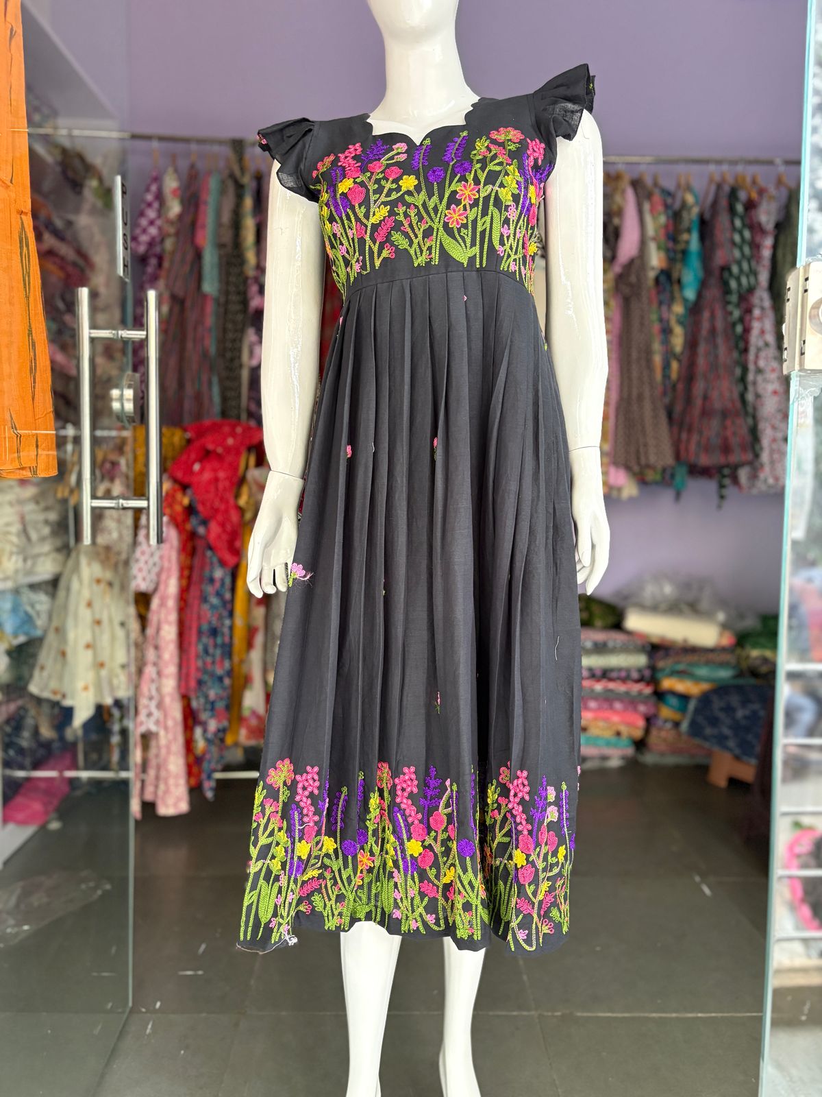 Premium kora chain stitch embroidery cotton frock