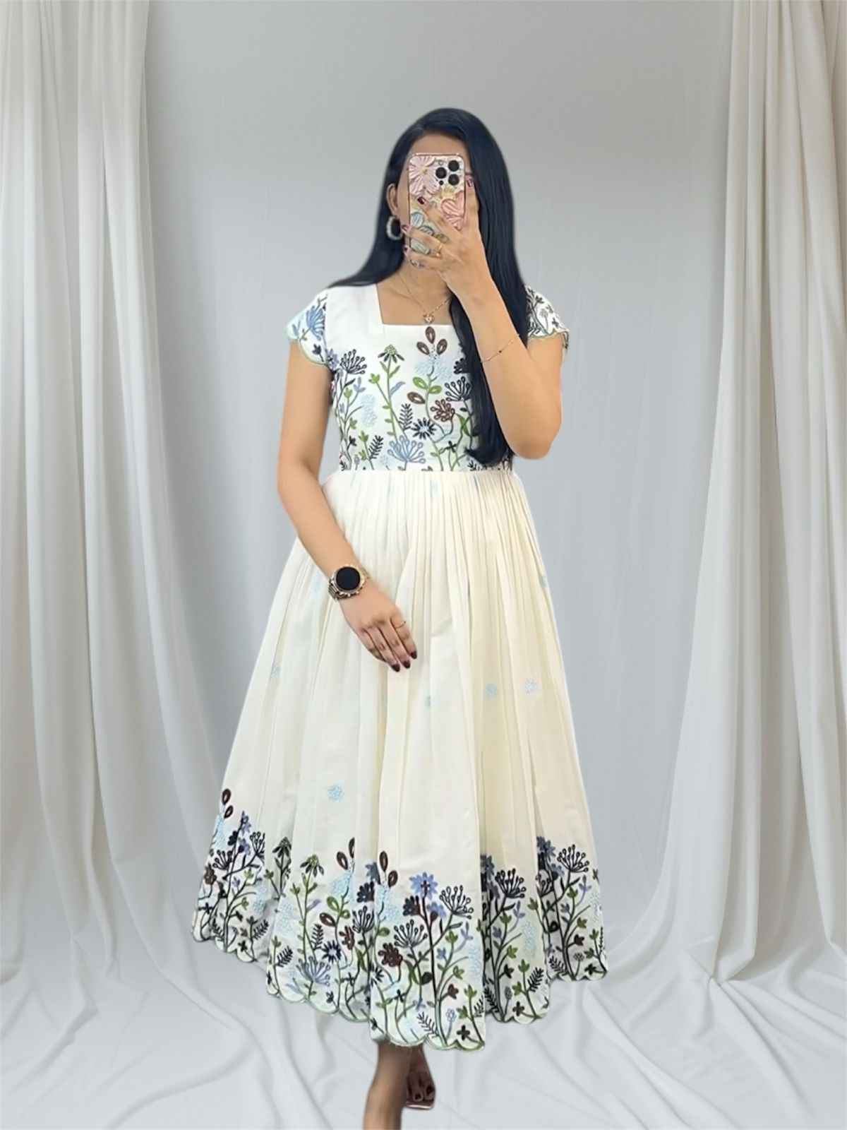 Premium kora chain stitch embroidery cotton frock