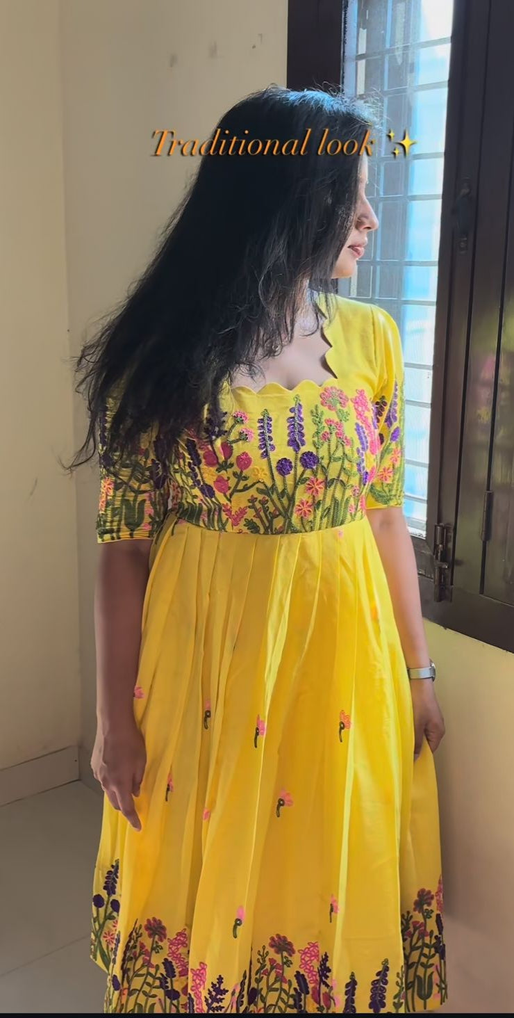 Premium kora chain stitch embroidery cotton frock