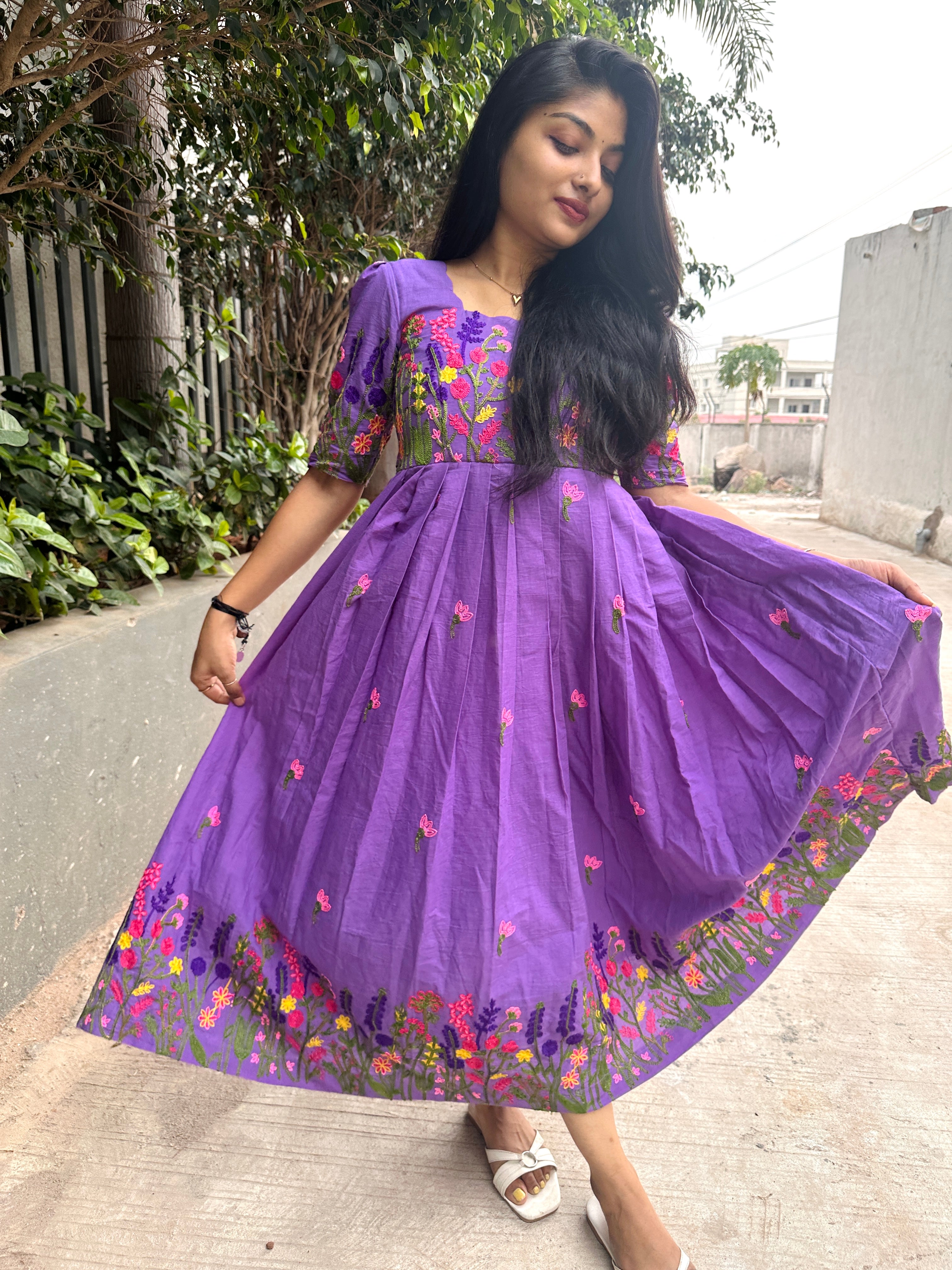 Premium kora chain stitch embroidery cotton frock